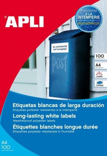 Etiquetas  adhesivas poliéster mate blanco intemperie 210x 297mm. 100u cantos rectos A4 Apli