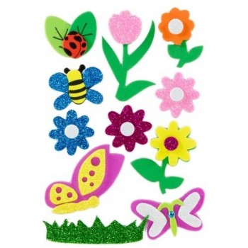 Figuras goma EVA adhesivas 3D purpurina Flores e insectos Fixo Kids