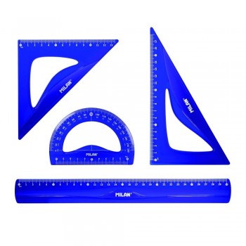 Conjunto reglas color azul regla 30cm, escuadra, cartabón y transportador Milan