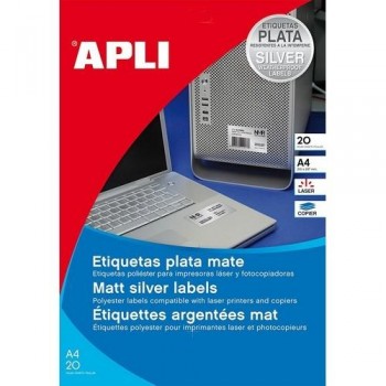 Etiquetas adhesivas poliéster metalizado plata 45,7x21,2 mm. cantos romos 20 hojas A4 Apli