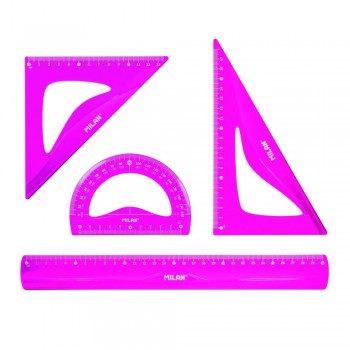 Conjunto reglas color rosa regla 30cm, escuadra, cartabón y transportador Milan