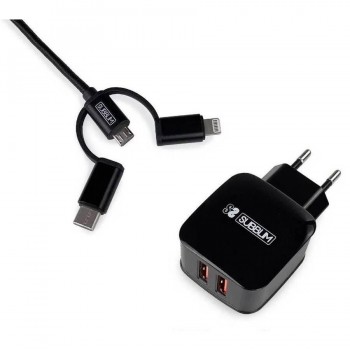 ABS DUAL WALL CHARGER 2.4A+CABLE 3IN1 BLACK