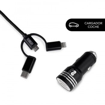 DUAL CAR CHARGER ALUM 2.4A + CABLE 3 IN1 BLACK
